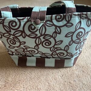 Chic Brown and Blue Fabric Tote with Ornate Design